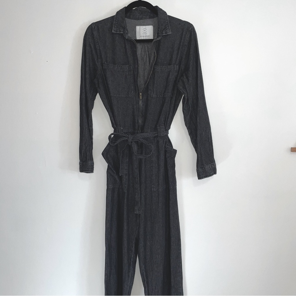 Black Denim Jumpsuit, Long Sleeve, Waist Tie
